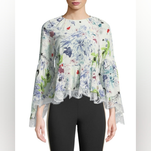 Cinq a Sept 5a7 Avalon Floral-Print Silk Top Blouse with Lace - Picture 2 of 7